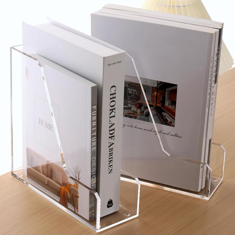 HeZone Acrylic Magazine Rack File Holder Desk Organizers and Storage 2-Pack Small Clear Acrylic Vertical Magazine Holder Book Stand for Office Desk - Image 1